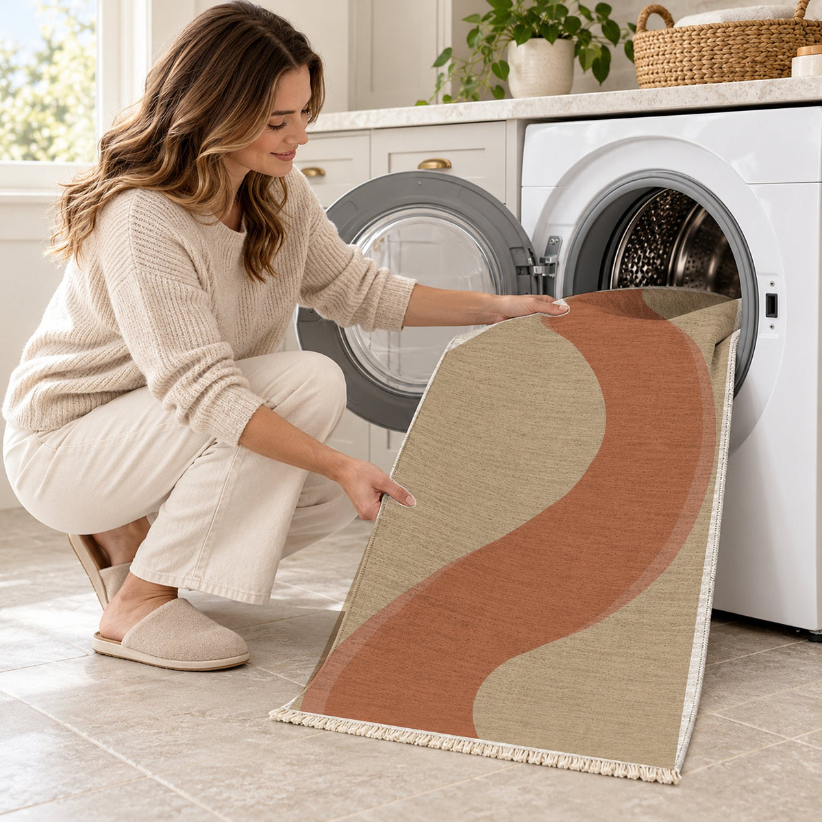 Ribbon Curve Sand & Terracotta washable rug being loaded into a washing machine
