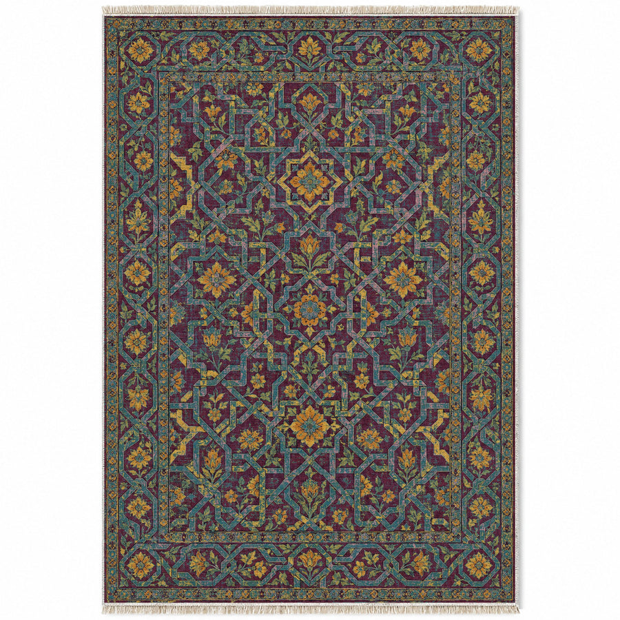 Ribbon Labyrinth Burgundy & Teal Moorish Washable Rug