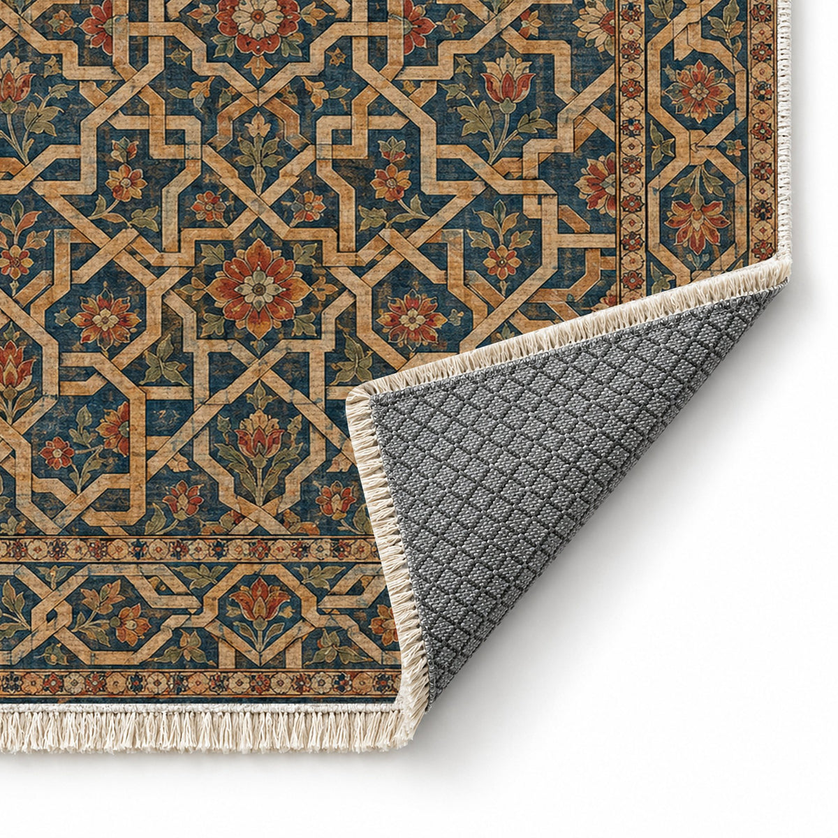 Ribbon Labyrinth Indigo & Rust washable rug folded corner showing the backing