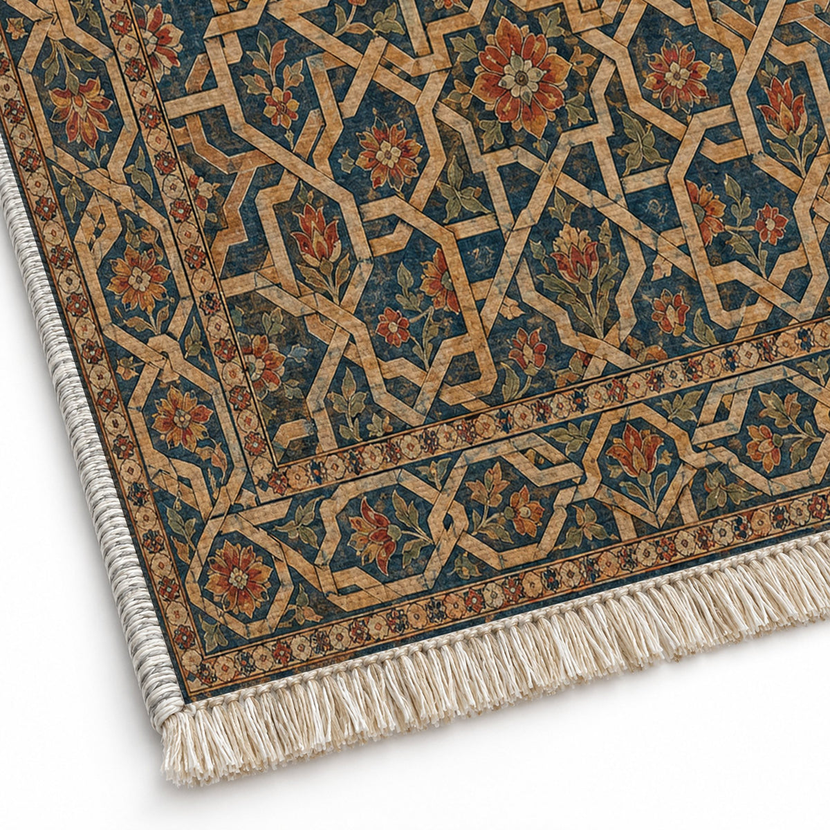 Ribbon Labyrinth Indigo & Rust washable rug close-up of the printed chenille