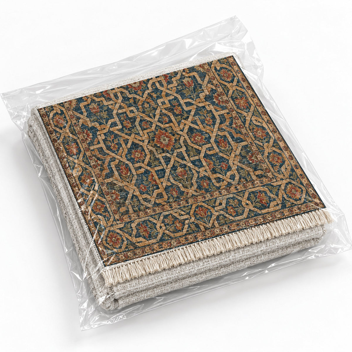 Ribbon Labyrinth Indigo & Rust washable rug rolled and packaged