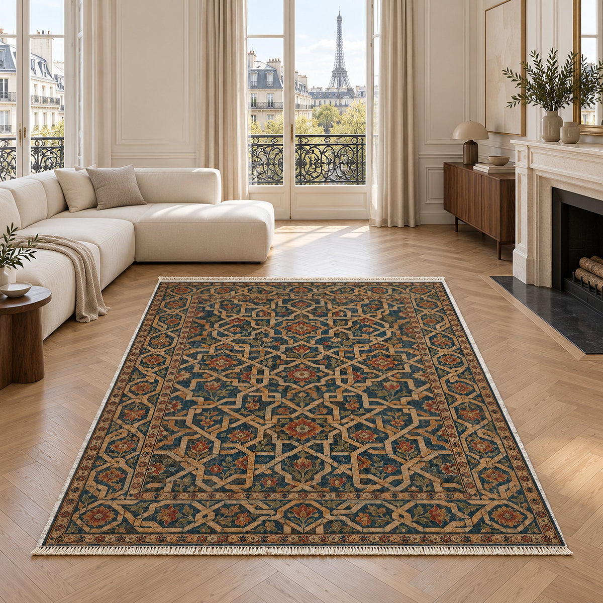 Ribbon Labyrinth Indigo & Rust washable rug in a living room with an Eiffel Tower view