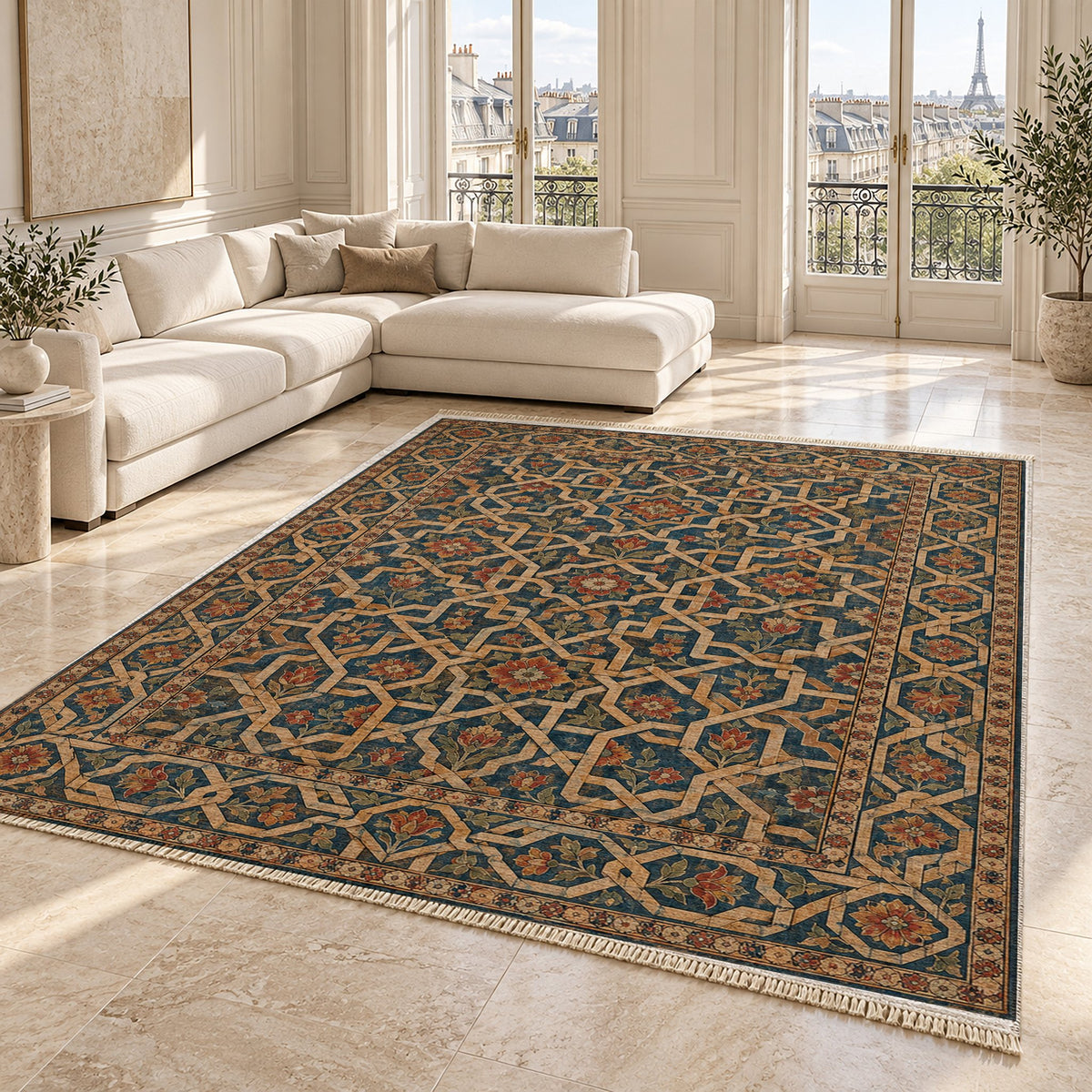 Ribbon Labyrinth Indigo & Rust washable rug angled room view on marble