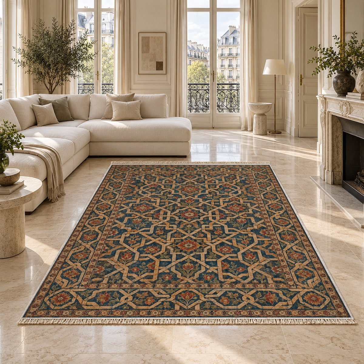 Ribbon Labyrinth Indigo & Rust washable rug on a marble floor