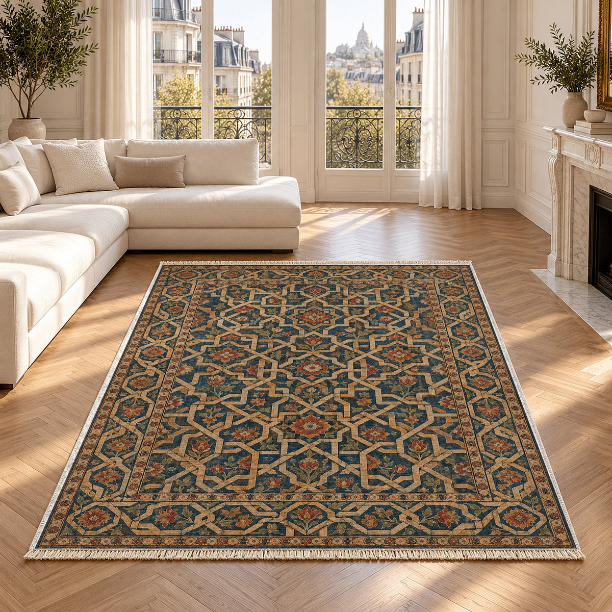 Ribbon Labyrinth Indigo & Rust washable rug in a Paris living room