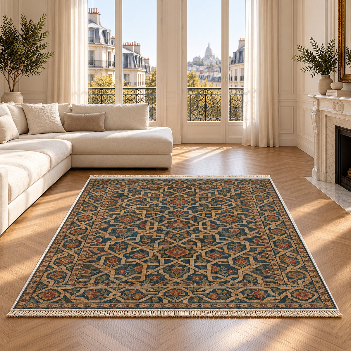 Ribbon Labyrinth Indigo & Rust washable rug on an oak floor