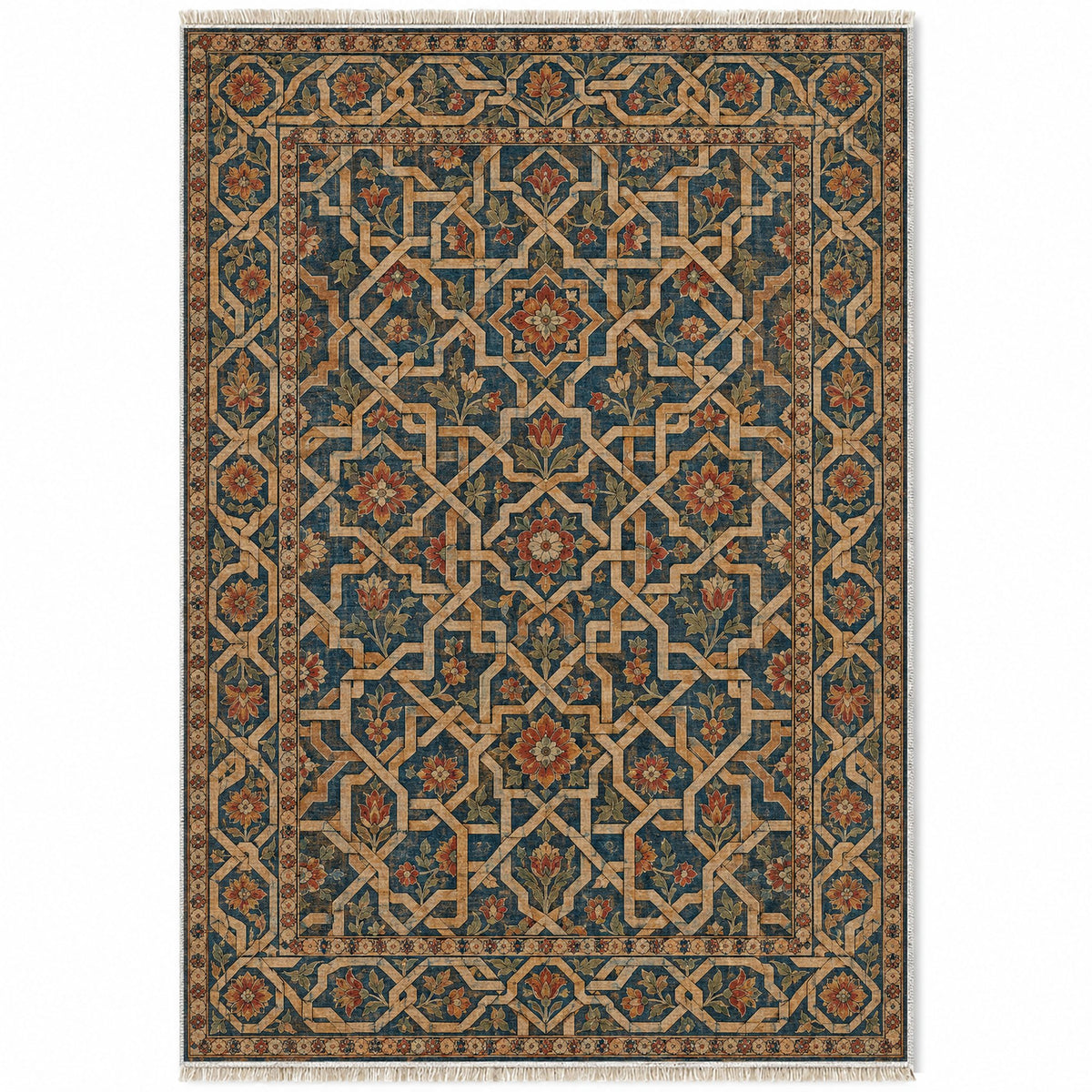 Ribbon Labyrinth Indigo & Rust washable rug top view