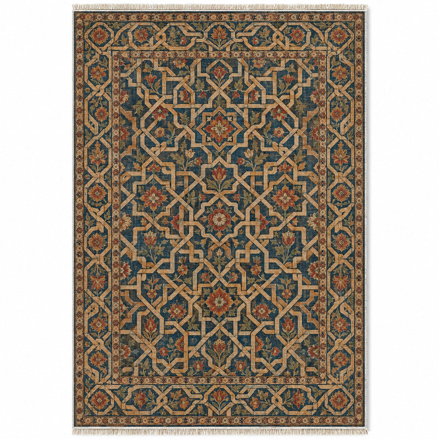 Ribbon Labyrinth Indigo & Rust Moorish Washable Rug
