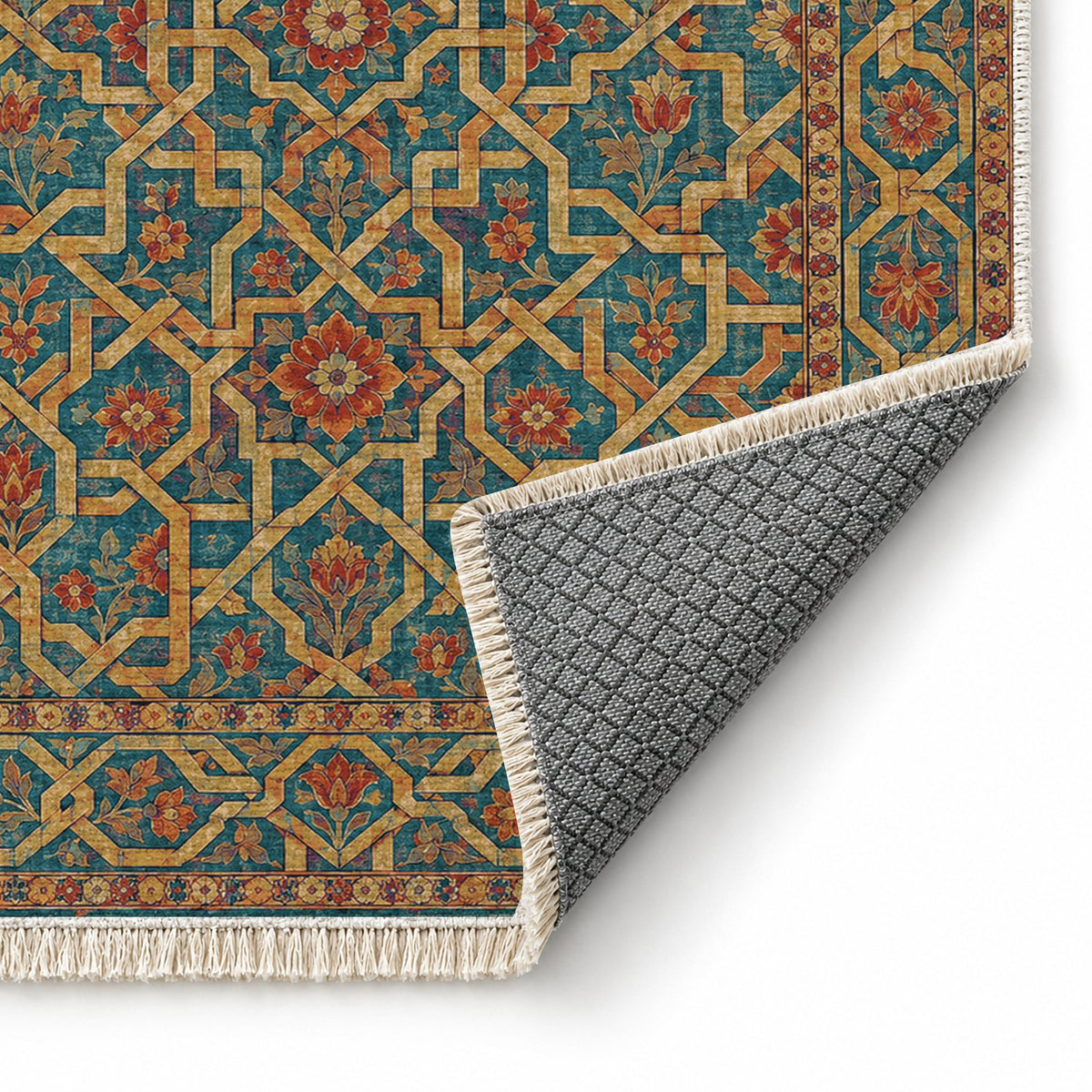 Ribbon Labyrinth Peacock & Ochre washable rug folded corner showing the backing