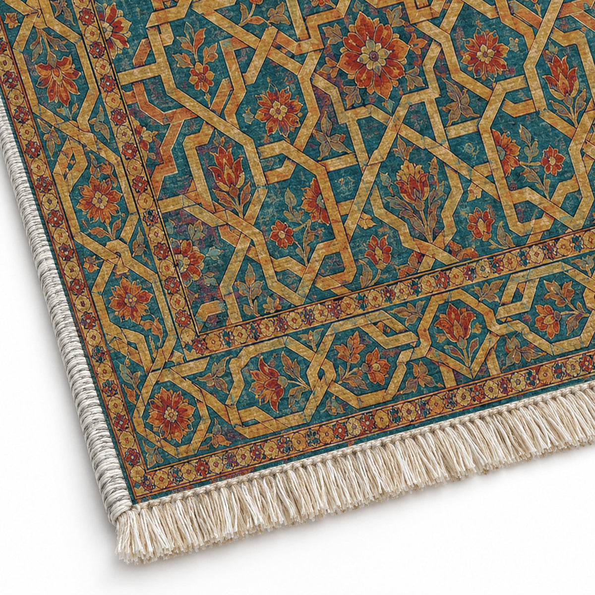 Ribbon Labyrinth Peacock & Ochre washable rug close-up of the printed chenille
