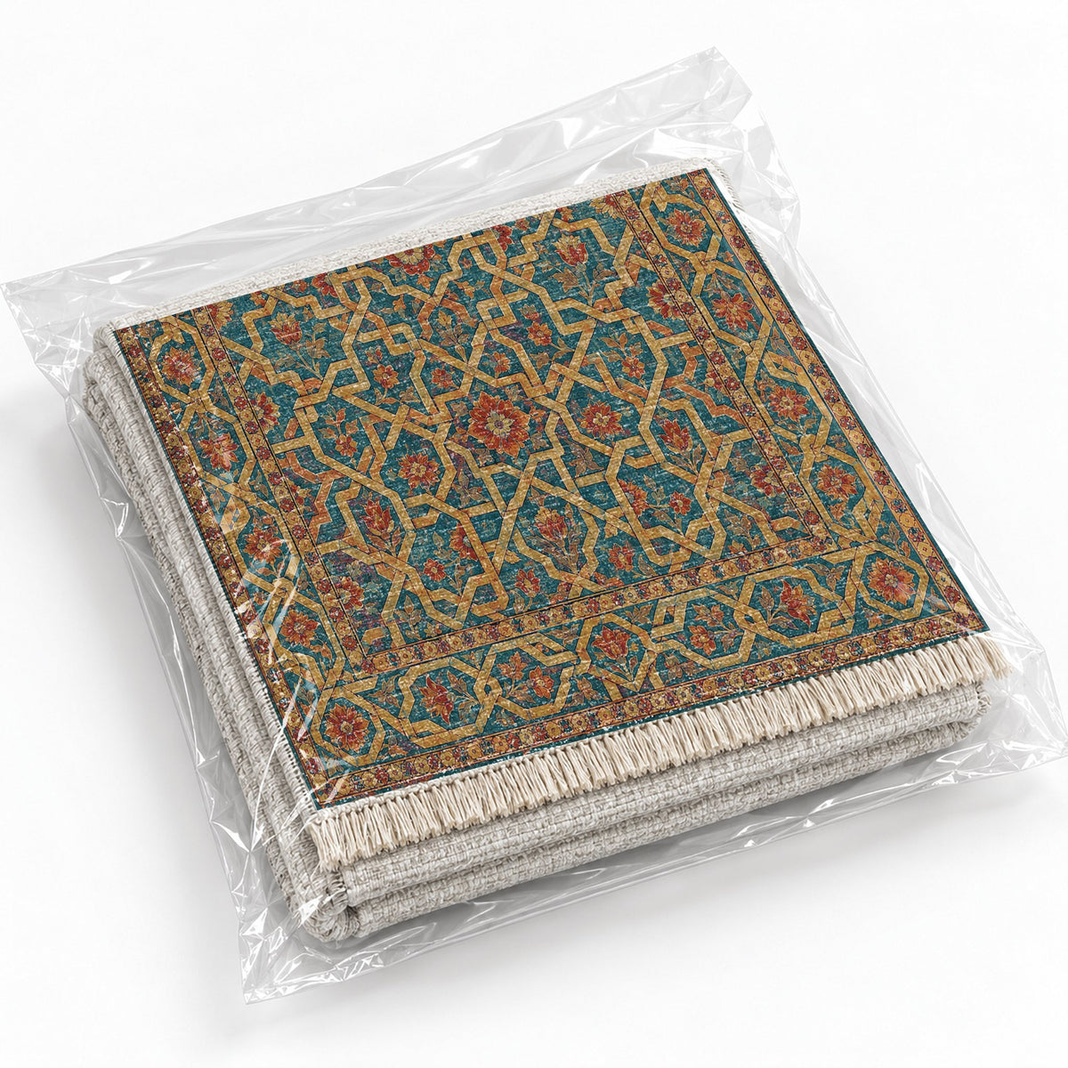 Ribbon Labyrinth Peacock & Ochre washable rug rolled and packaged