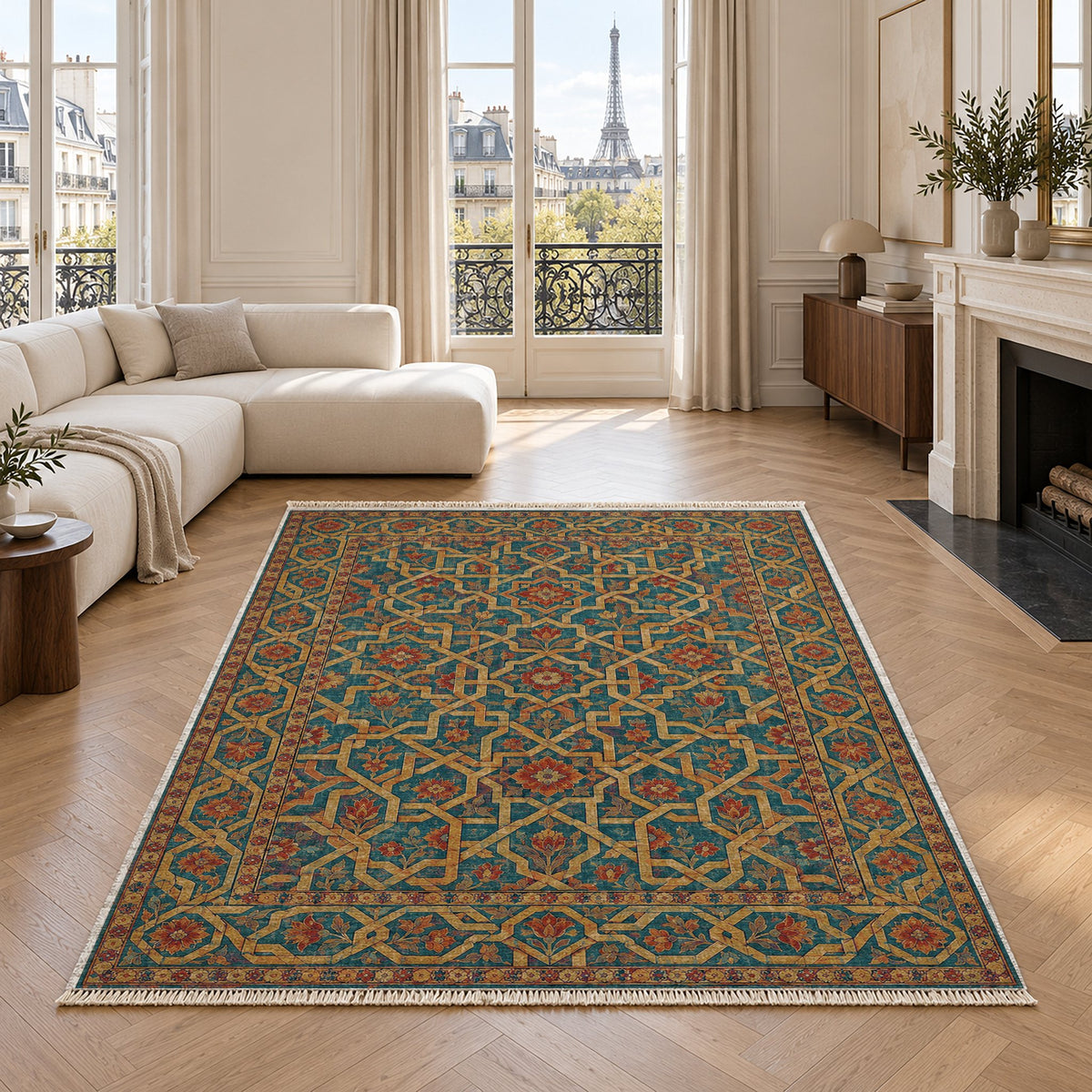 Ribbon Labyrinth Peacock & Ochre washable rug in a living room with an Eiffel Tower view