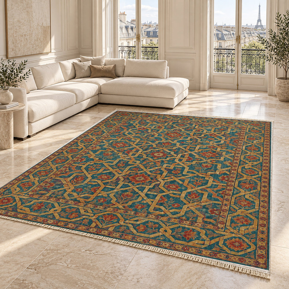 Ribbon Labyrinth Peacock & Ochre washable rug angled room view on marble