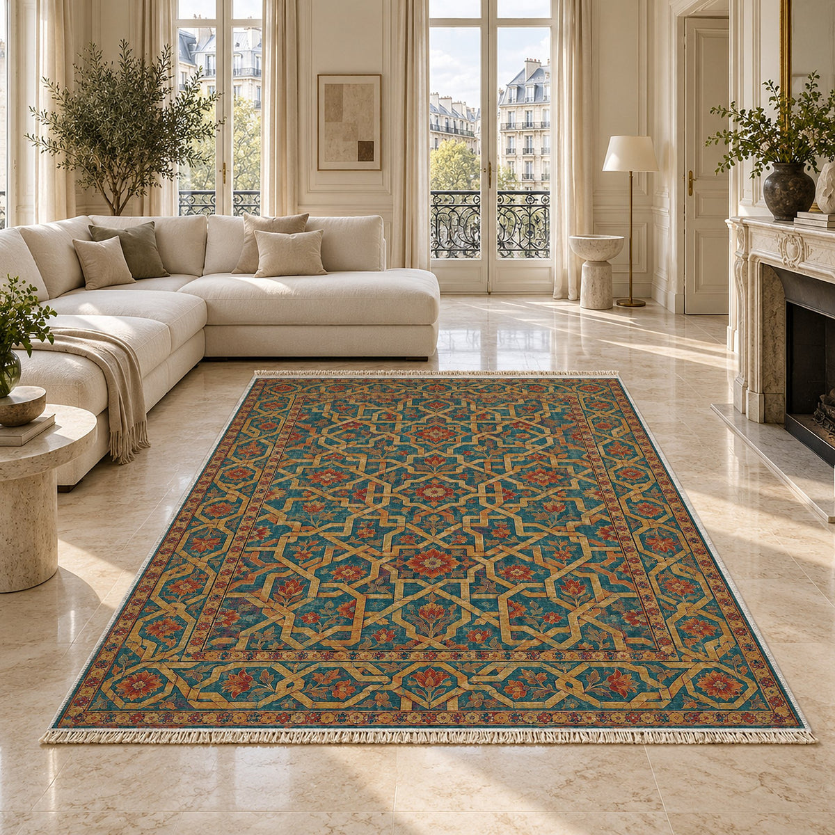 Ribbon Labyrinth Peacock & Ochre washable rug on a marble floor