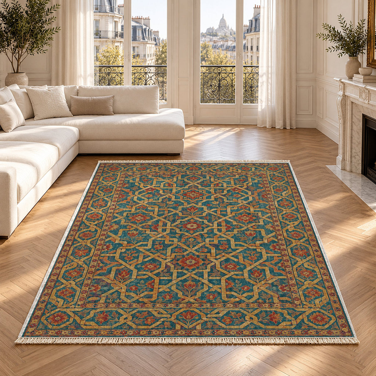 Ribbon Labyrinth Peacock & Ochre washable rug in a Paris living room