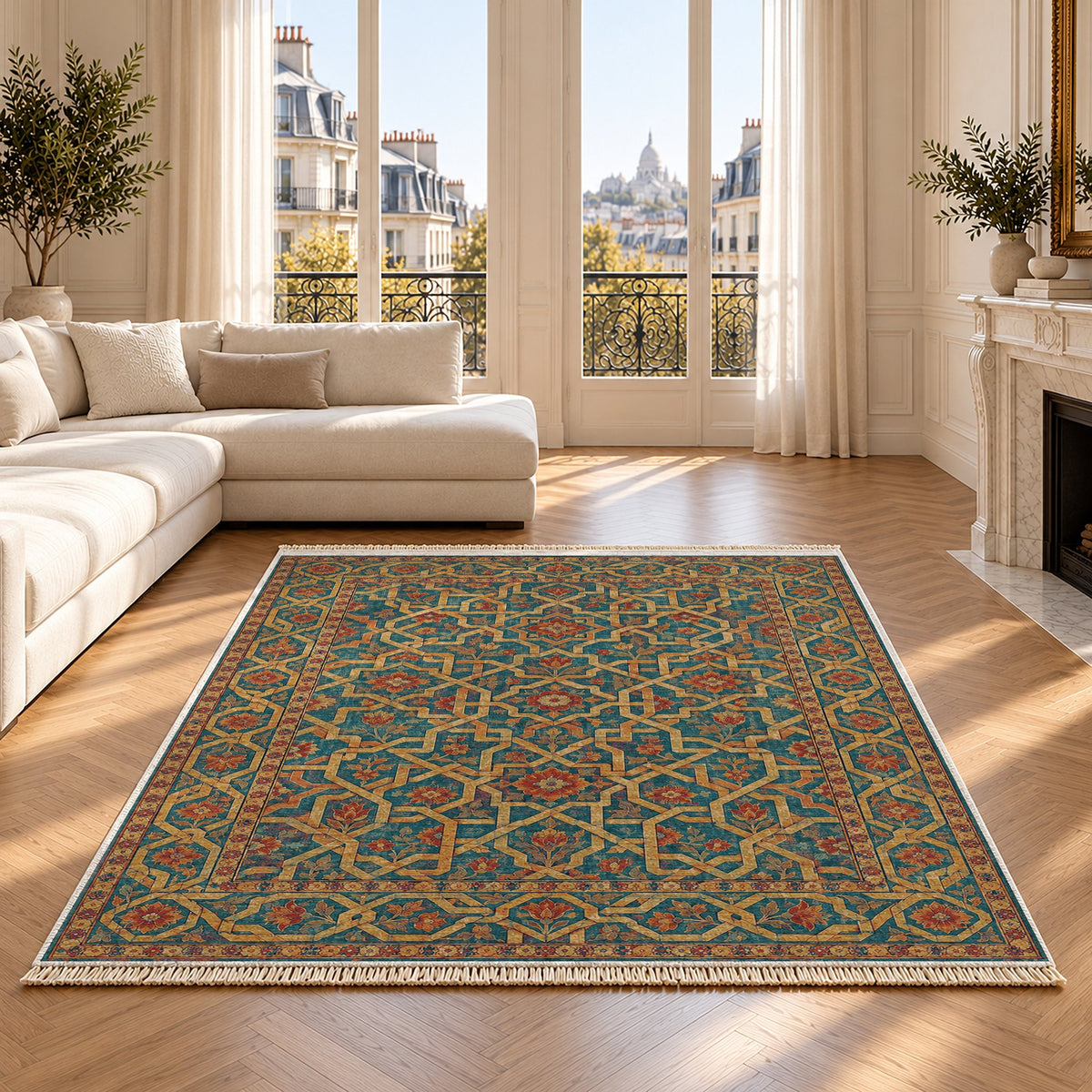 Ribbon Labyrinth Peacock & Ochre washable rug on an oak floor