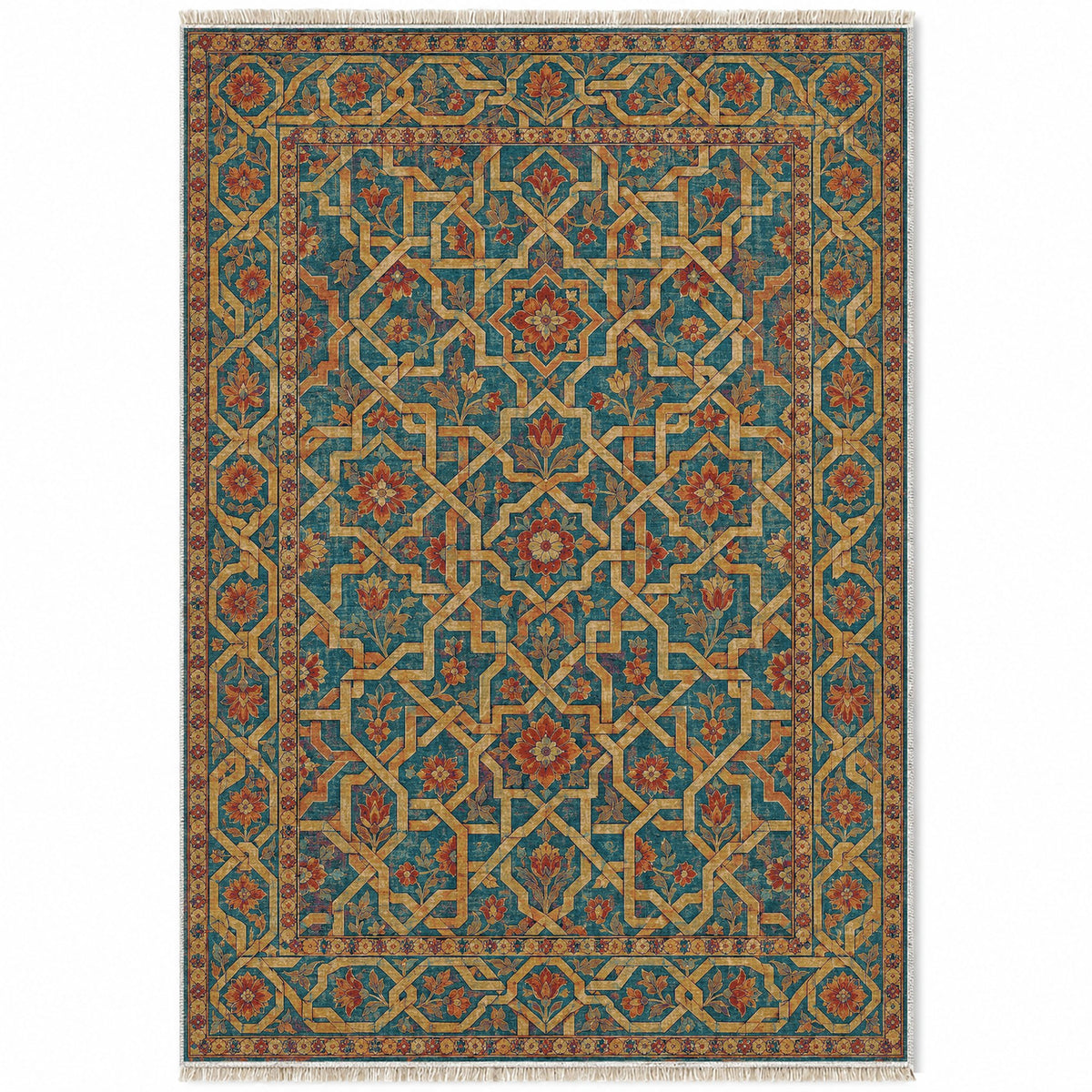 Ribbon Labyrinth Peacock & Ochre washable rug top view