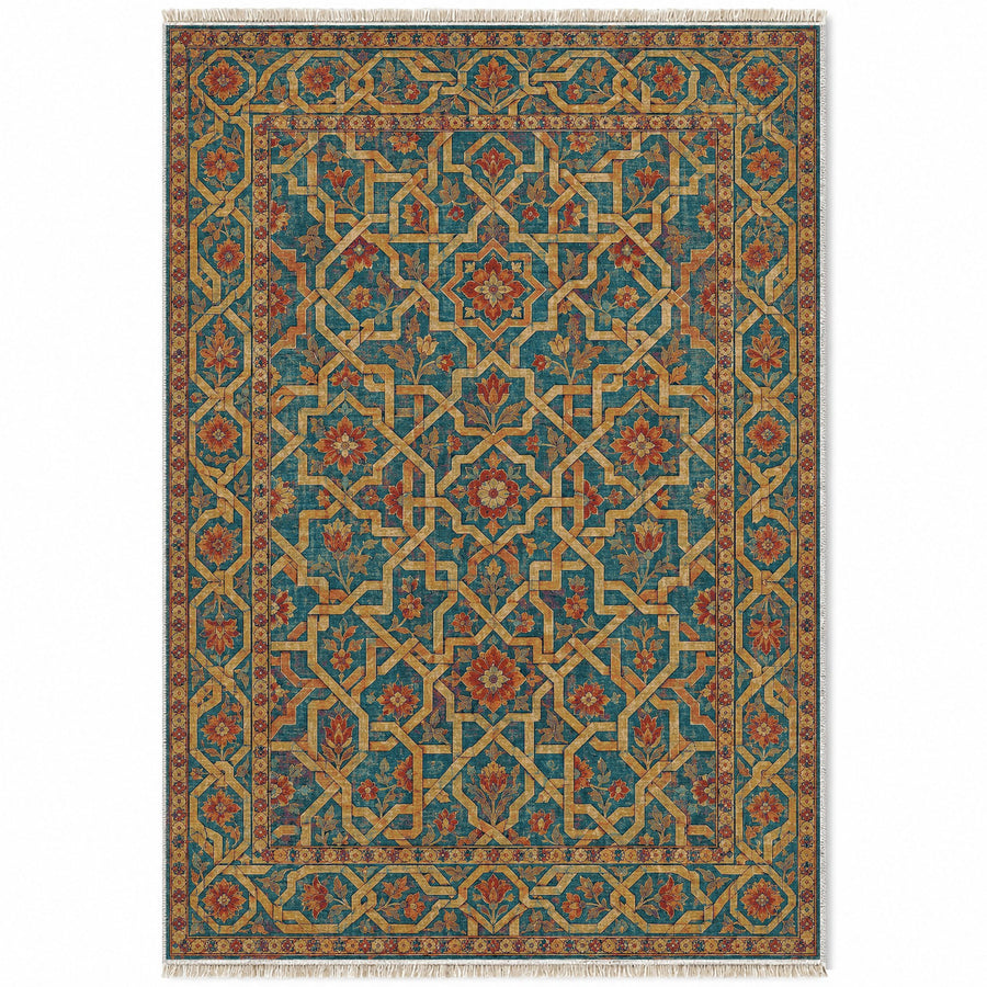 Ribbon Labyrinth Peacock & Ochre Moorish Washable Rug