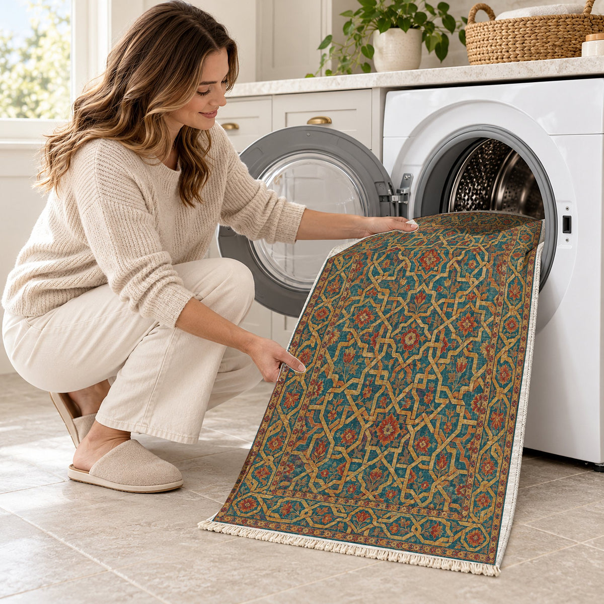 Ribbon Labyrinth Peacock & Ochre washable rug being loaded into a washing machine