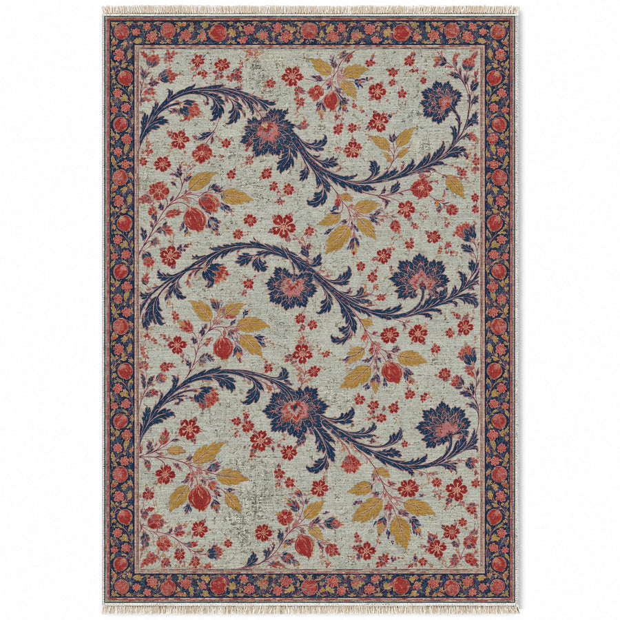 Ribbon Orchard Glacier, Ink & Vermilion Distressed Washable Rug
