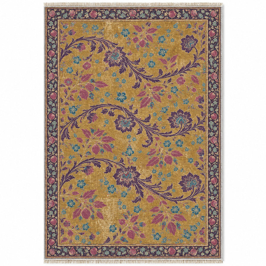 Ribbon Orchard Golden, Plum & Azure Distressed Washable Rug