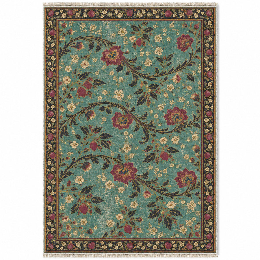 Ribbon Orchard Lagoon & Berry Distressed Washable Rug