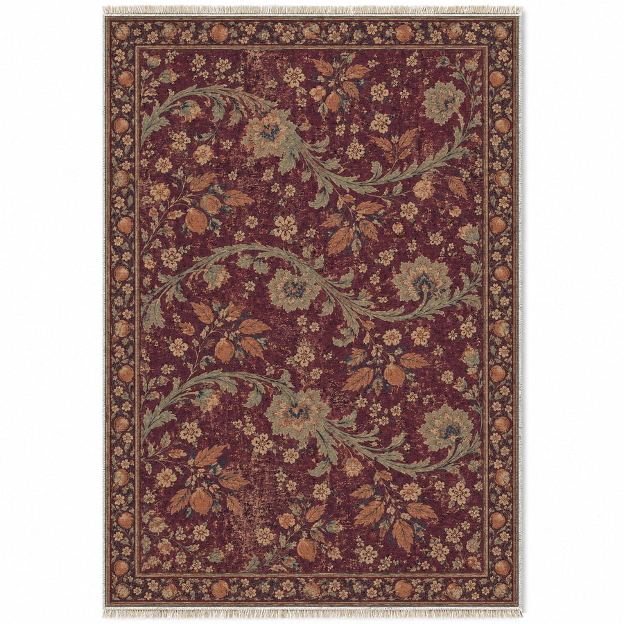 Ribbon Orchard Mulberry & Celadon Distressed Washable Rug