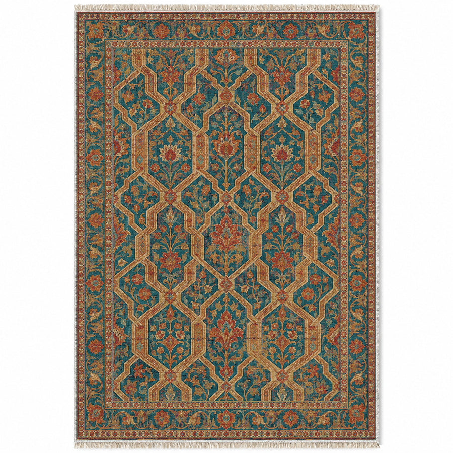 Ribbon Patio Peacock & Ochre Moorish Washable Rug