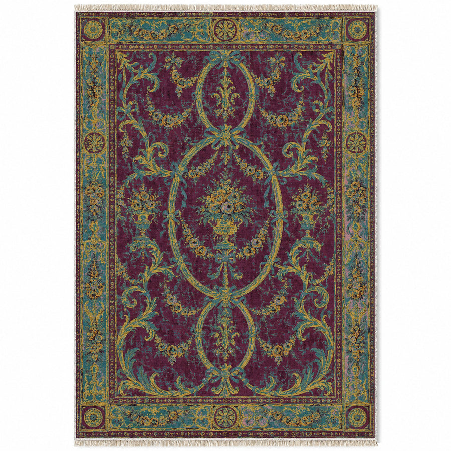 Ribbon Salon Burgundy & Teal French Aubusson Washable Rug