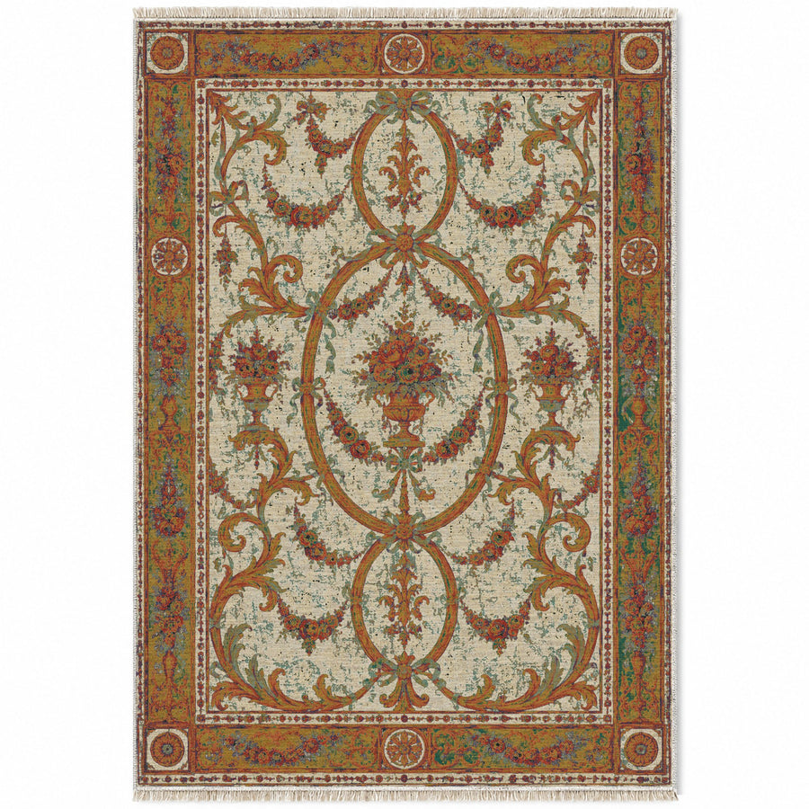 Ribbon Salon Emerald & Terracotta French Aubusson Washable Rug