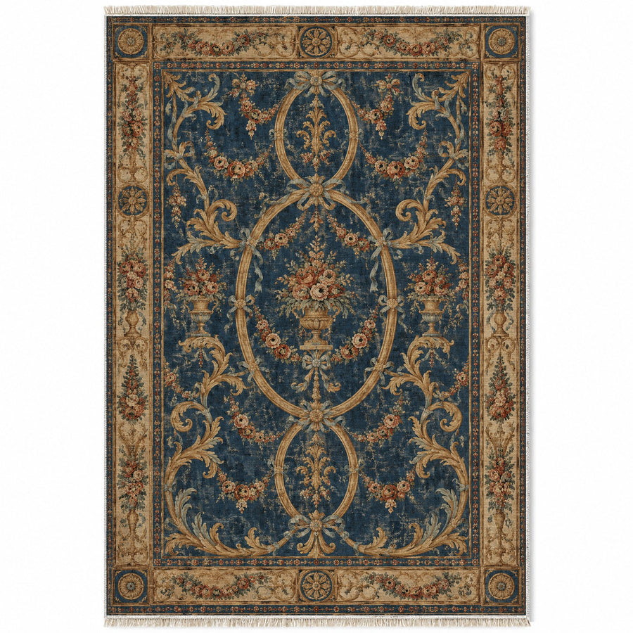 Ribbon Salon Indigo & Rust French Aubusson Washable Rug