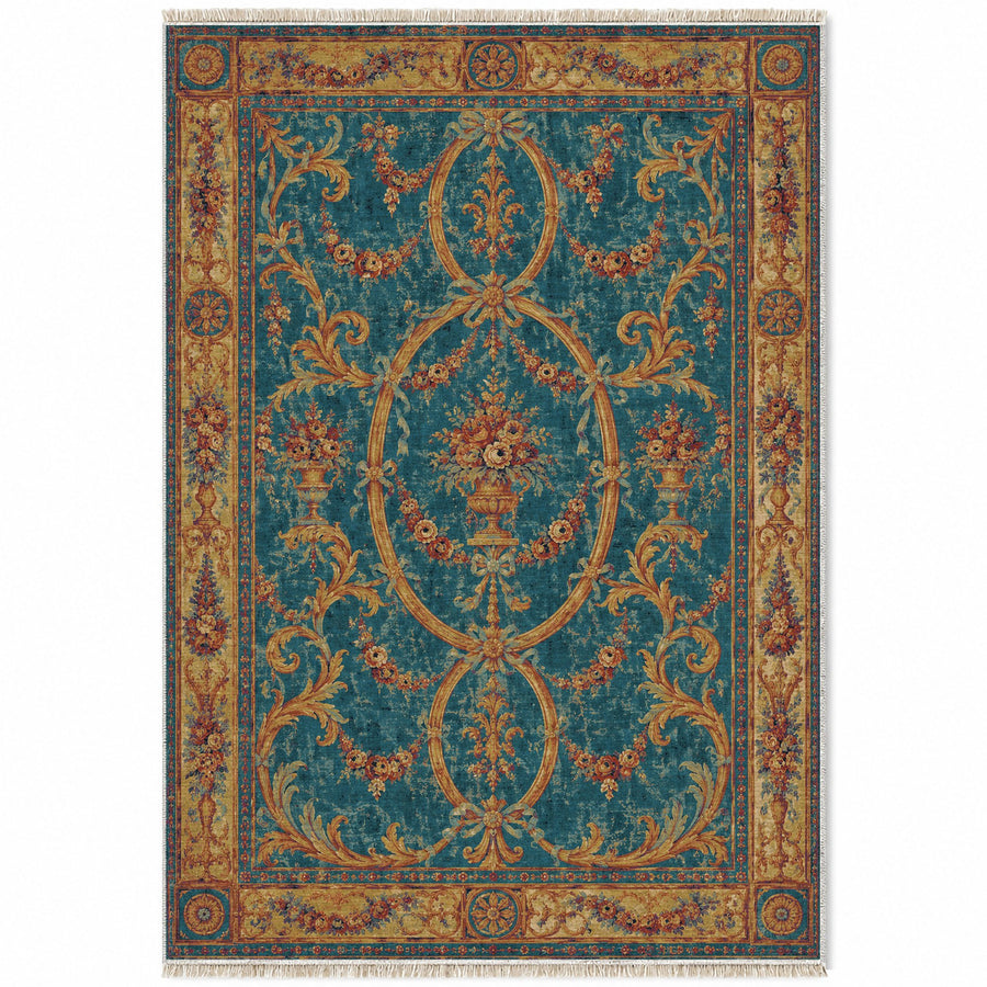 Ribbon Salon Peacock & Ochre French Aubusson Washable Rug