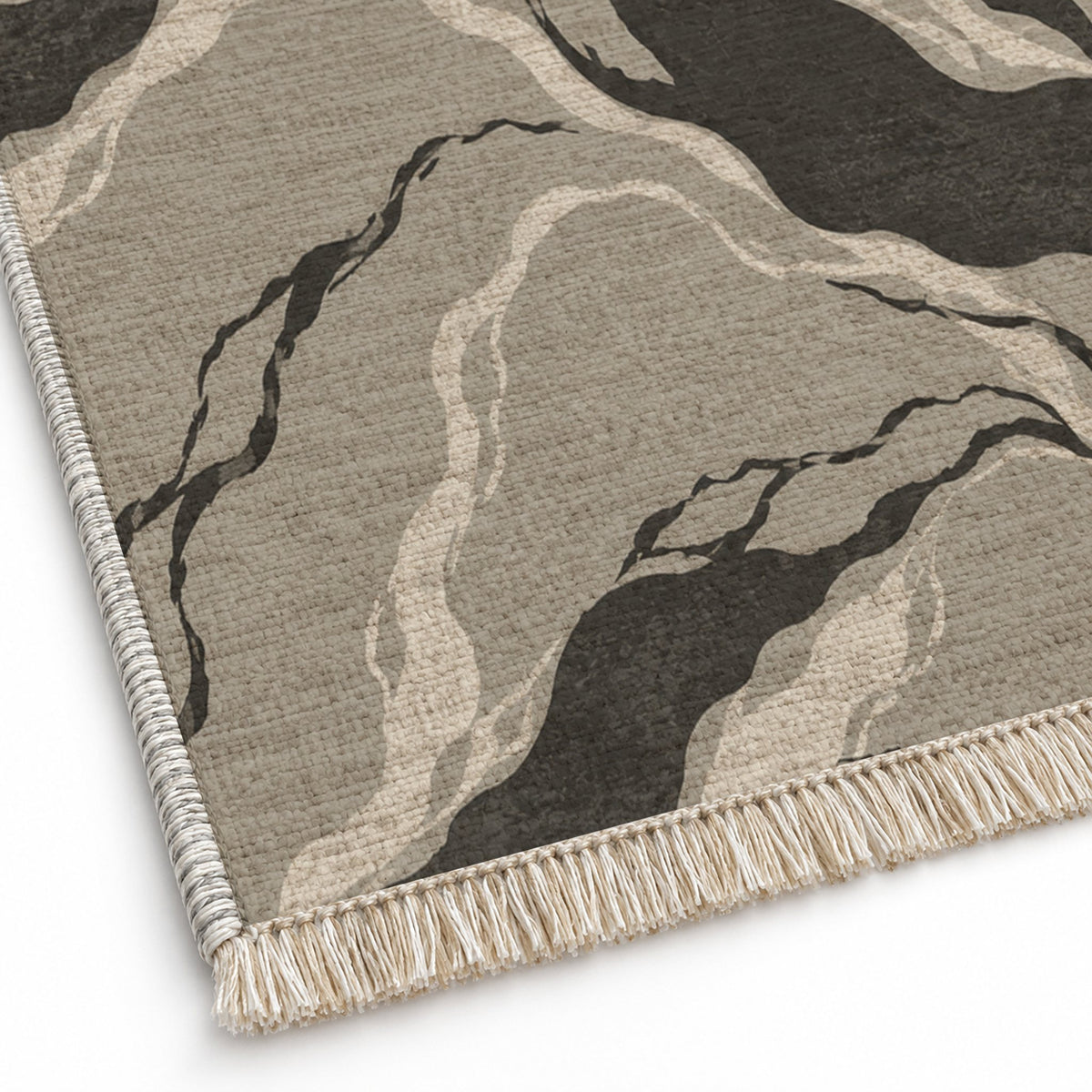 Riverbed Greige & Charcoal washable rug close-up of the printed chenille