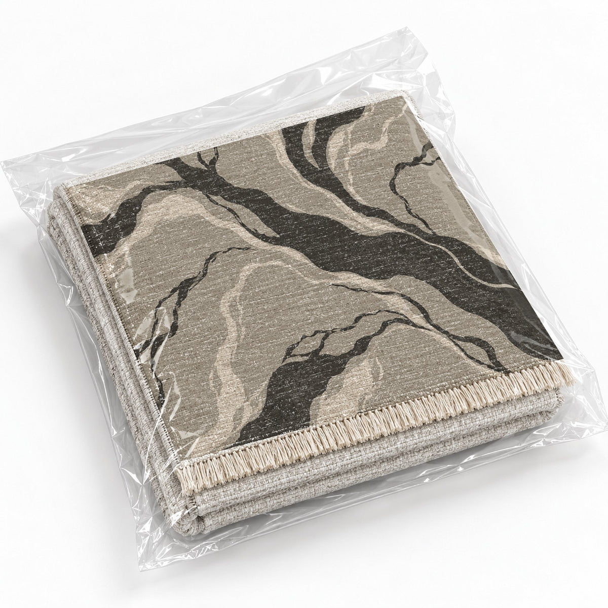 Riverbed Greige & Charcoal washable rug rolled and packaged