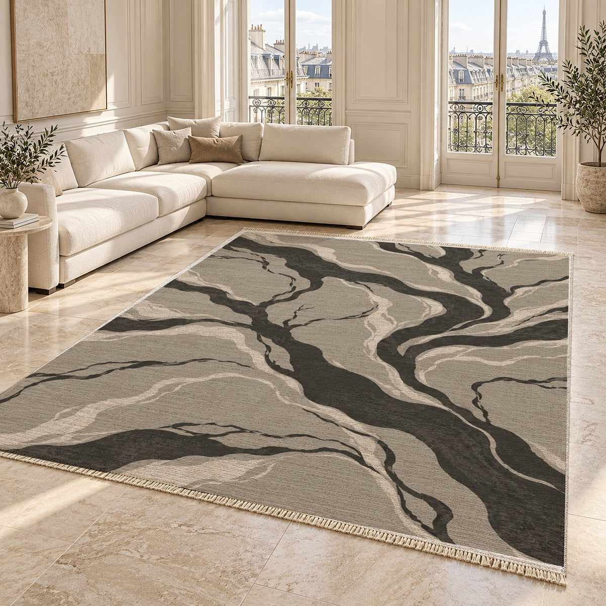 Riverbed Greige & Charcoal washable rug angled room view on marble
