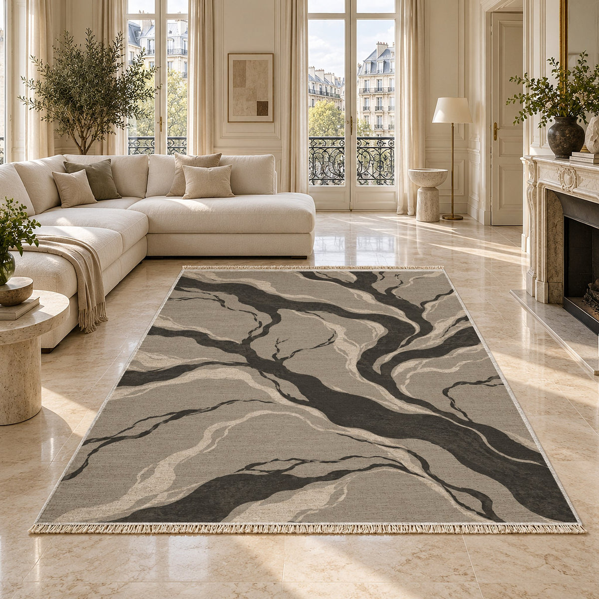 Riverbed Greige & Charcoal washable rug on a marble floor