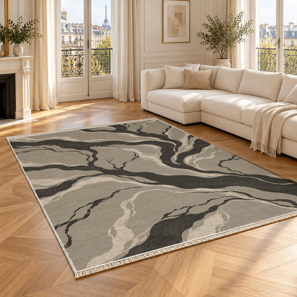 Riverbed Greige & Charcoal washable rug angled room view