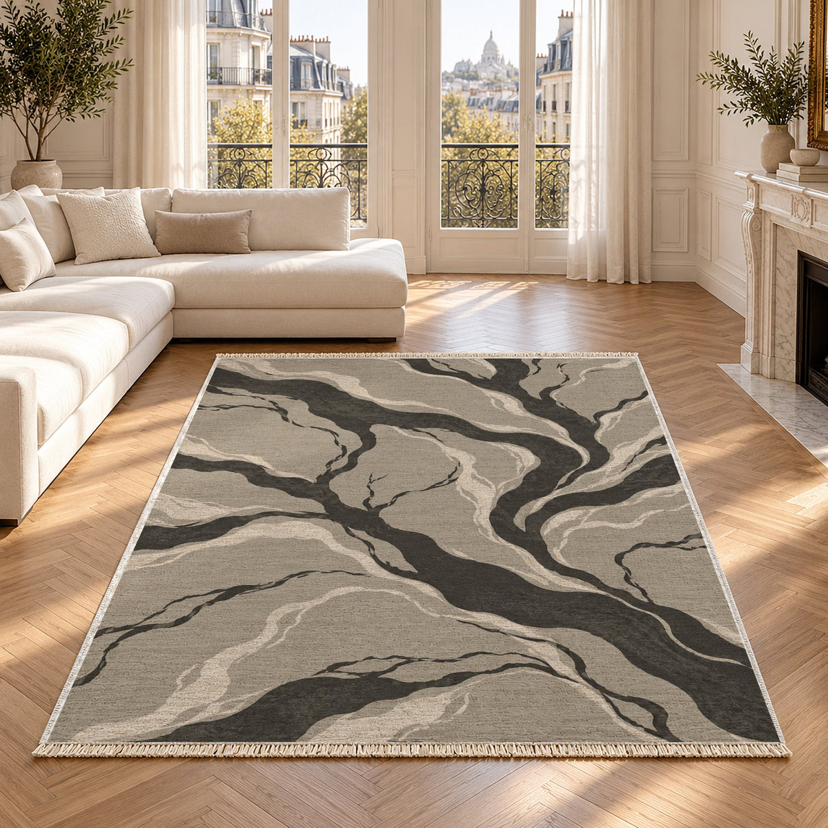 Riverbed Greige & Charcoal washable rug in a Paris living room