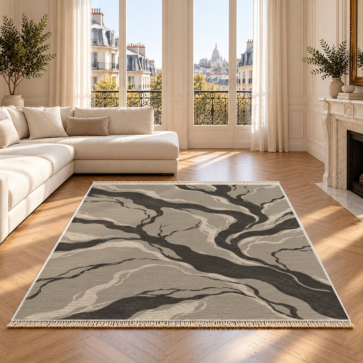 Riverbed Greige & Charcoal washable rug on an oak floor