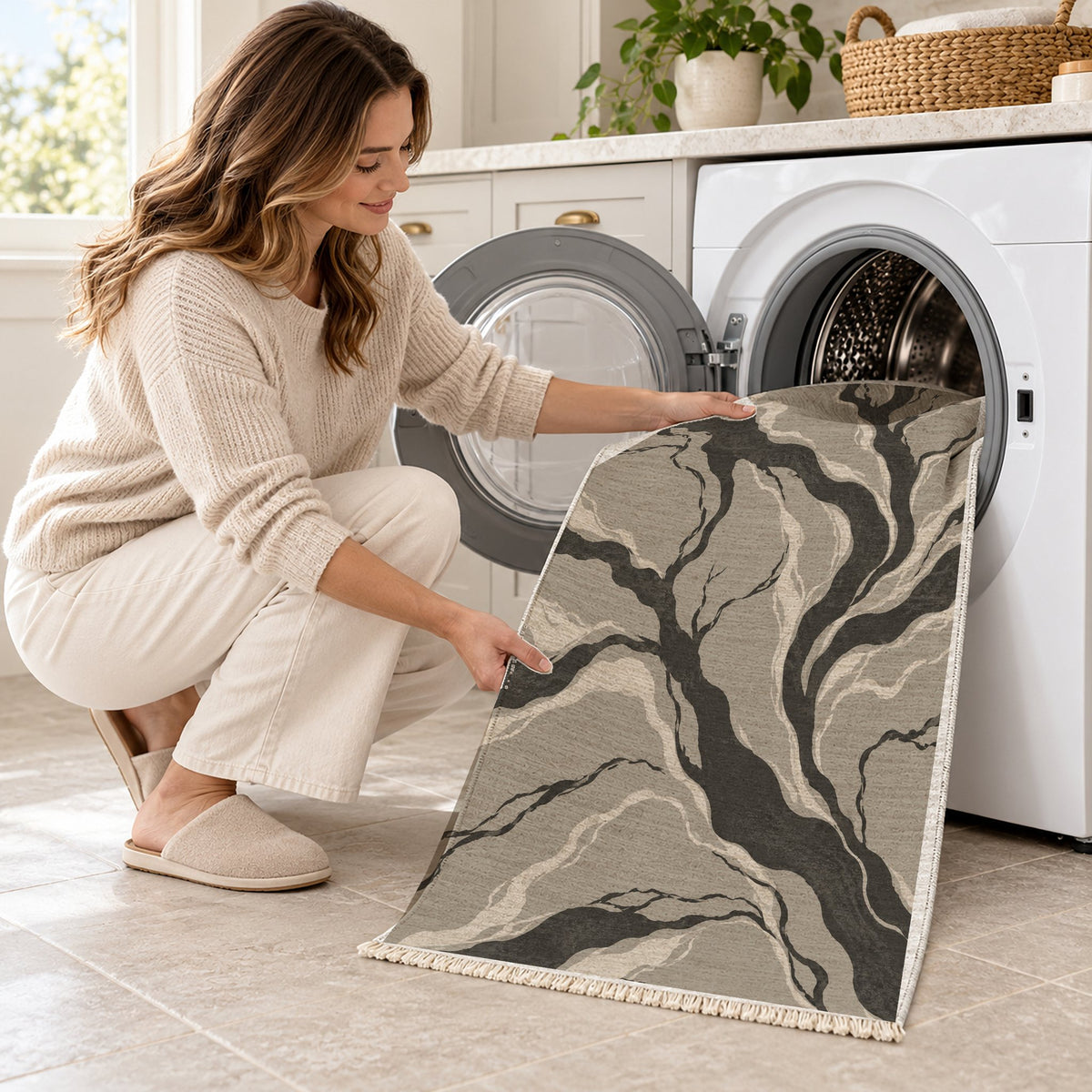 Riverbed Greige & Charcoal washable rug being loaded into a washing machine