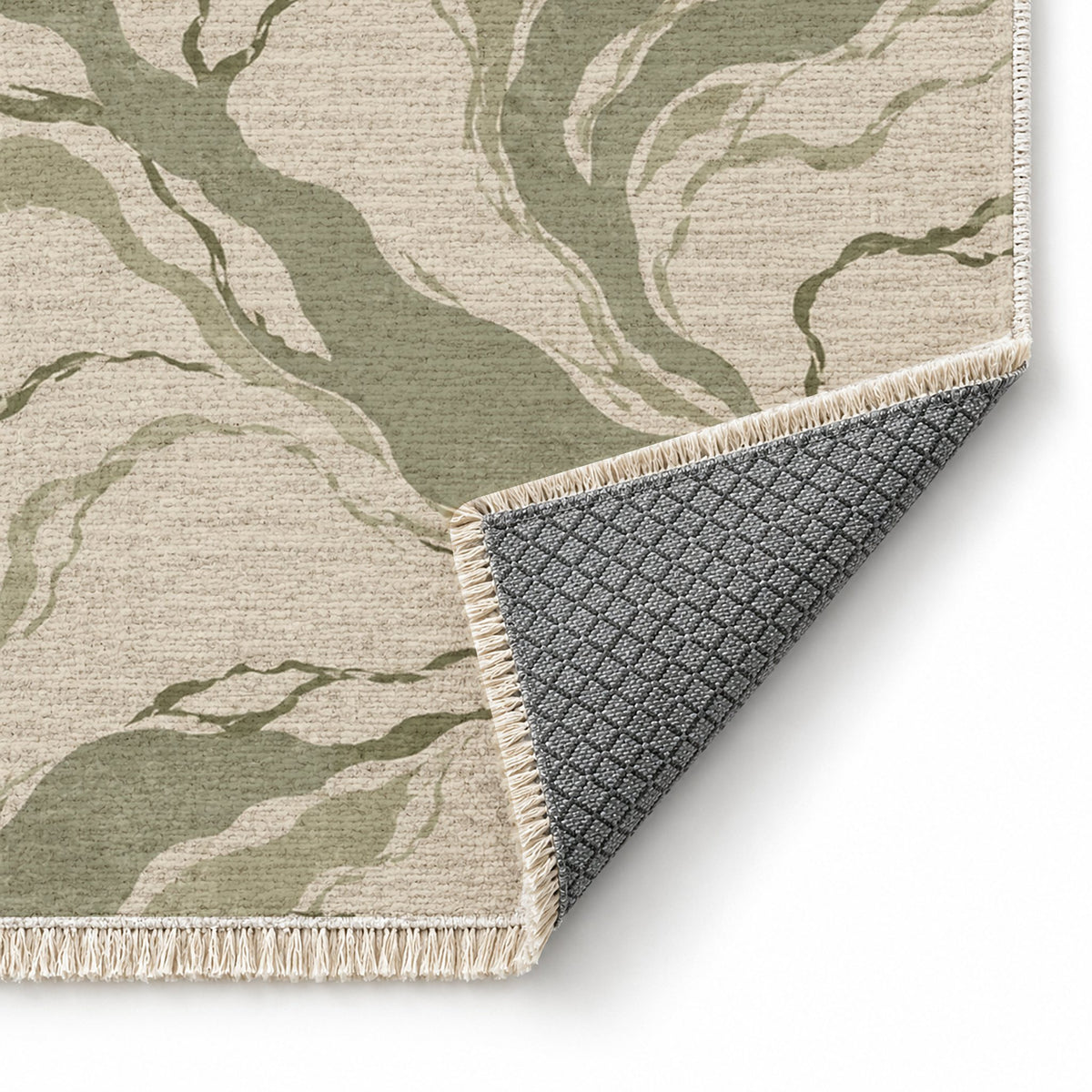 Riverbed Ivory & Sage washable rug folded corner showing the backing