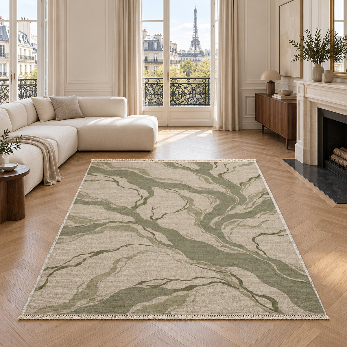 Riverbed Ivory & Sage washable rug in a living room with an Eiffel Tower view