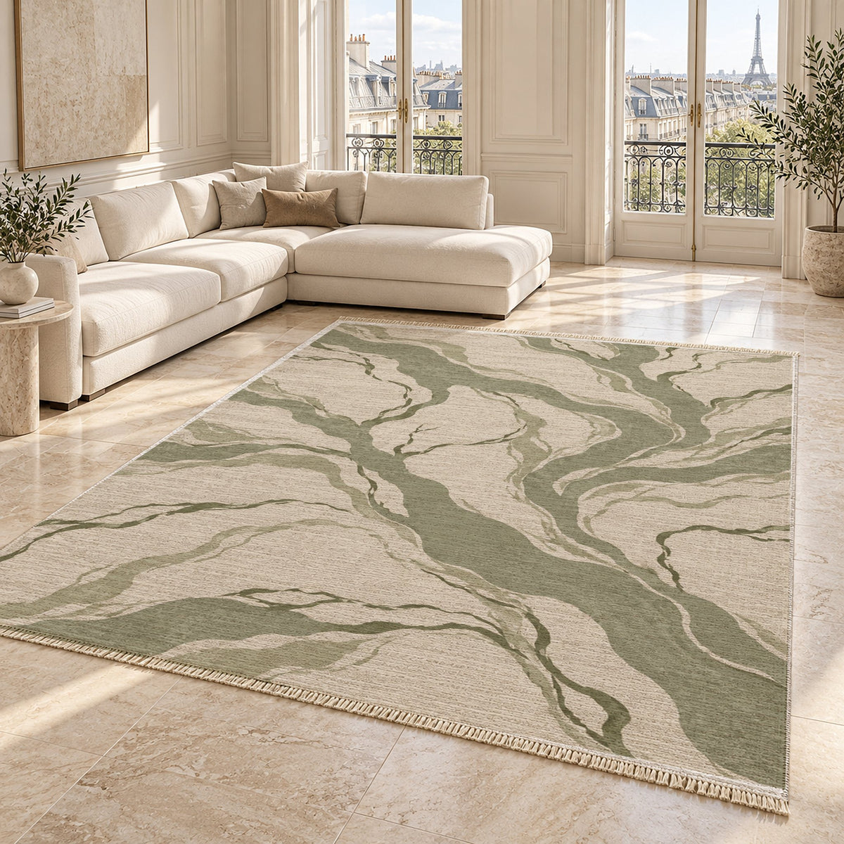 Riverbed Ivory & Sage washable rug angled room view on marble