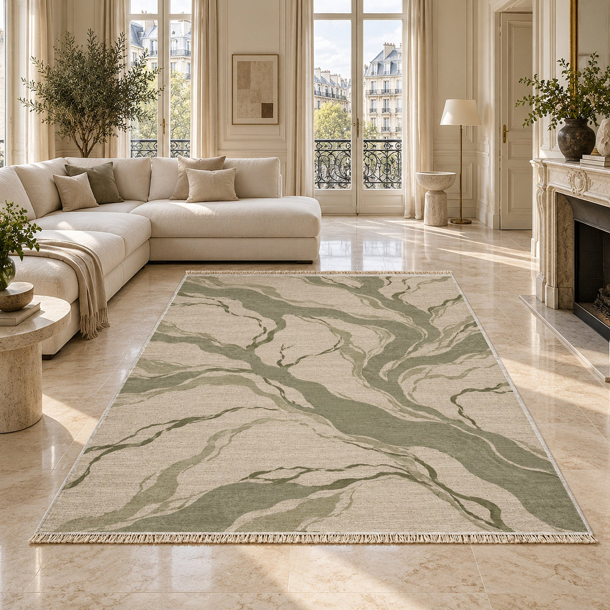 Riverbed Ivory & Sage washable rug on a marble floor