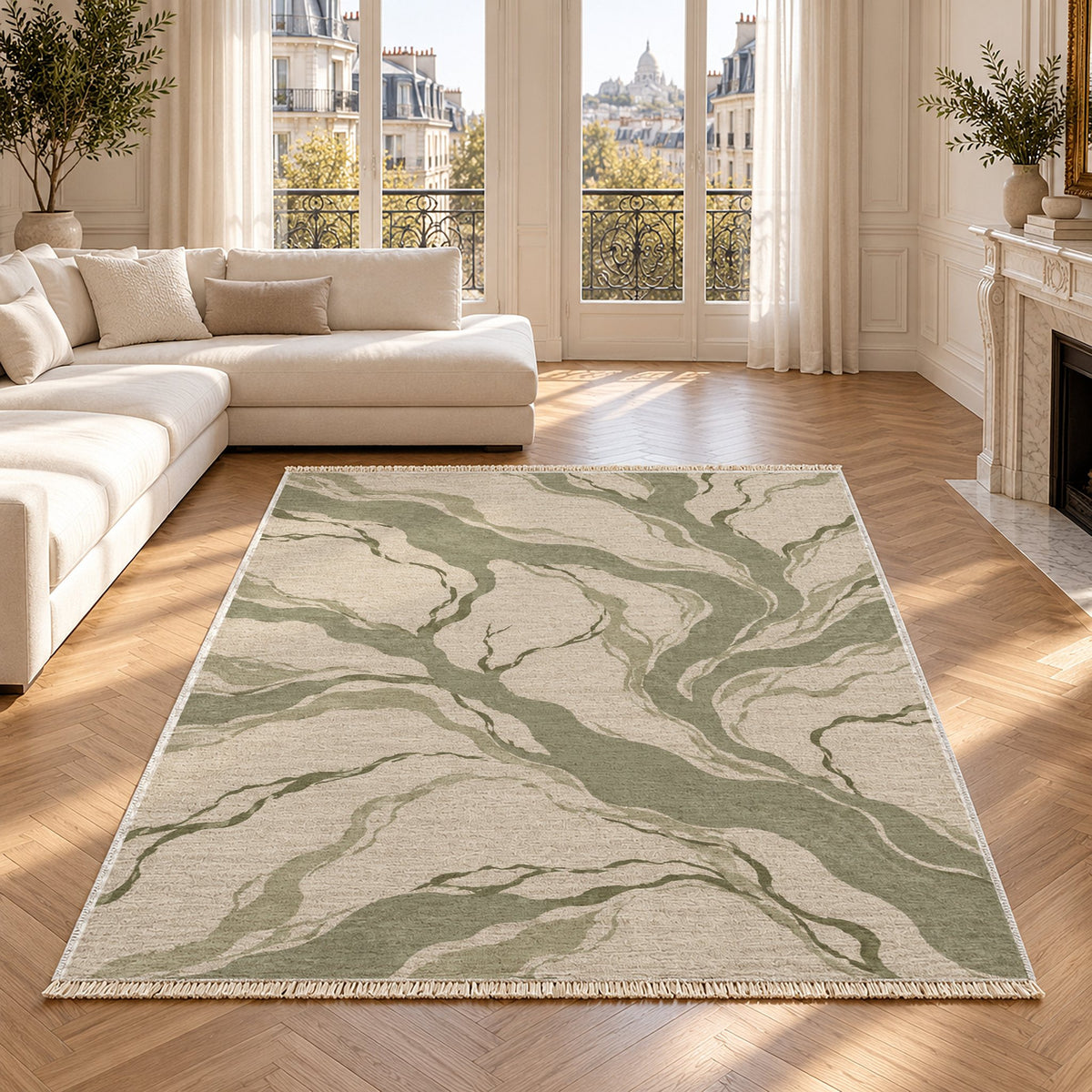 Riverbed Ivory & Sage washable rug in a Paris living room