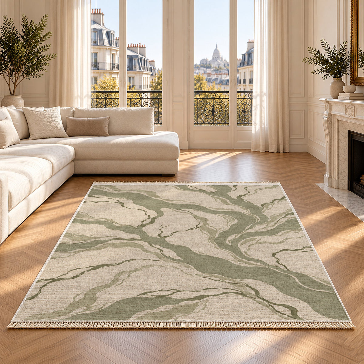 Riverbed Ivory & Sage washable rug on an oak floor