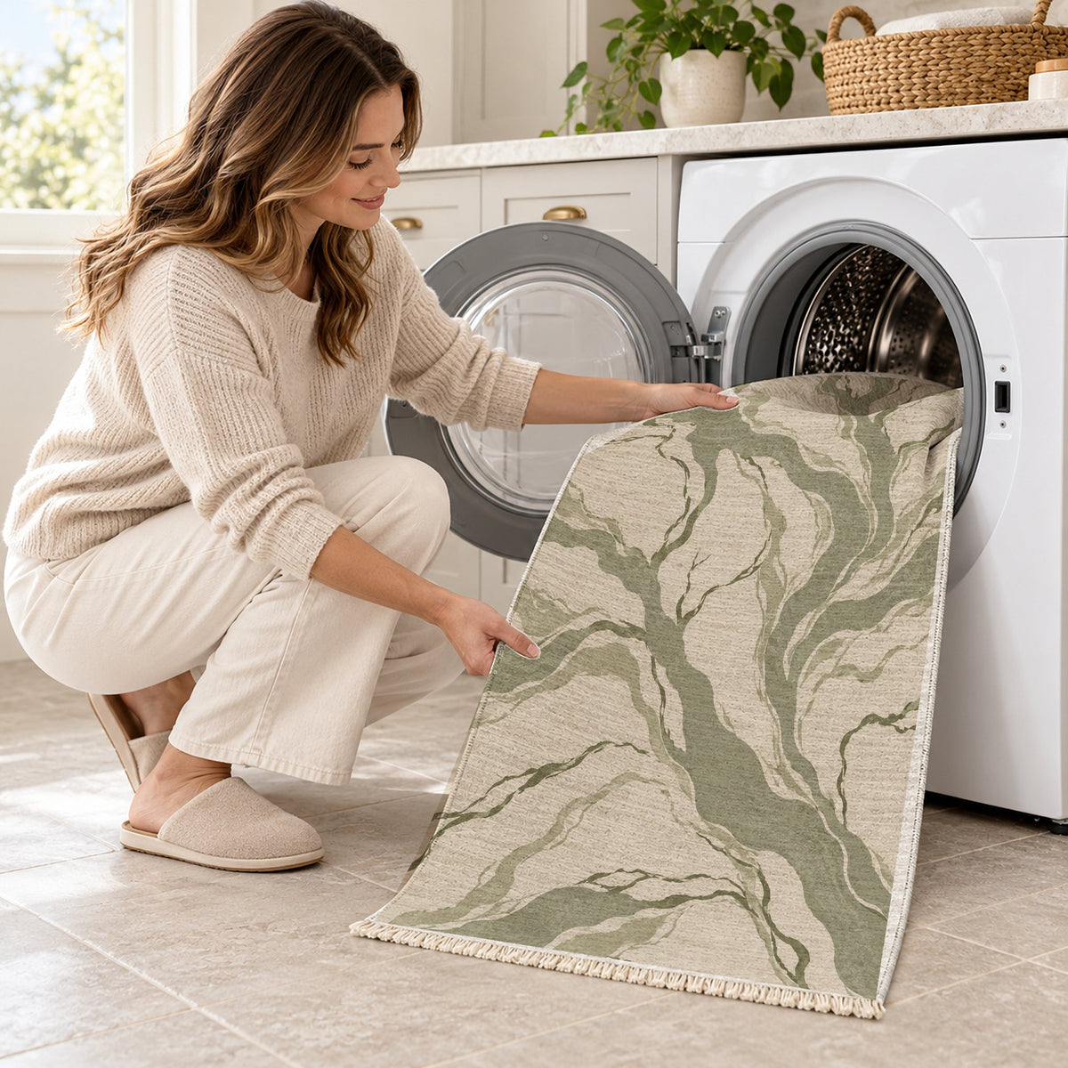 Riverbed Ivory & Sage washable rug being loaded into a washing machine