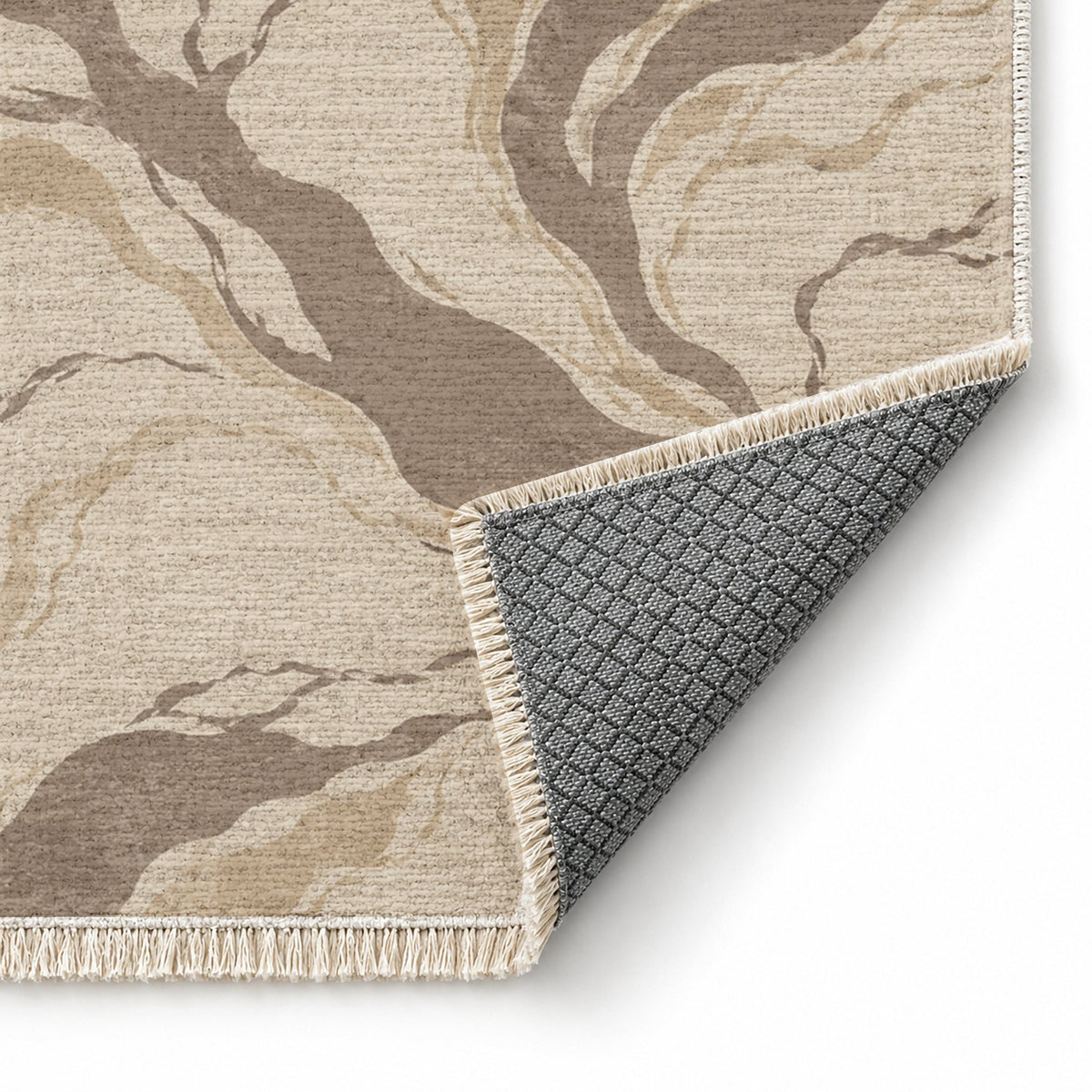Riverbed Ivory & Taupe washable rug folded corner showing the backing
