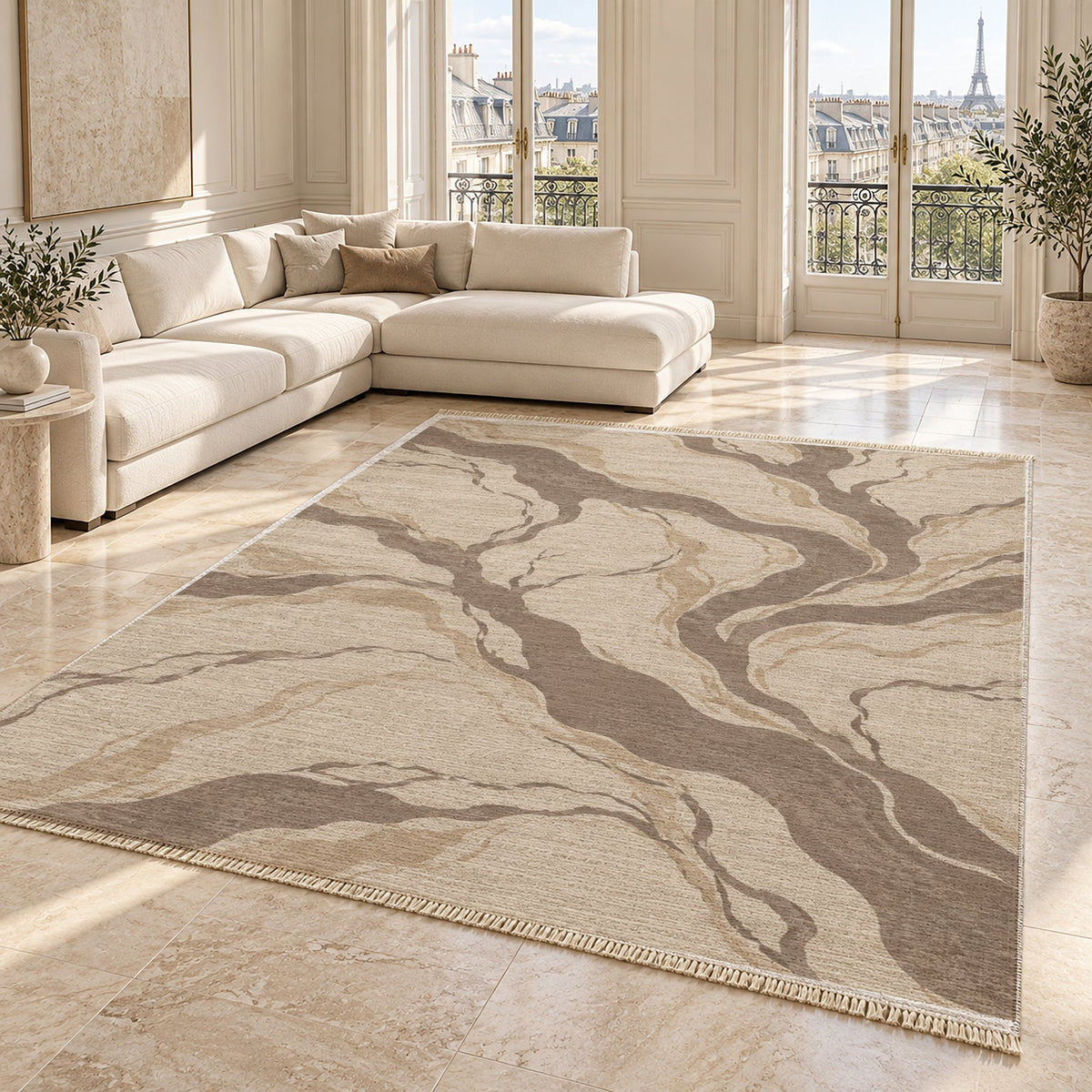 Riverbed Ivory & Taupe washable rug angled room view on marble