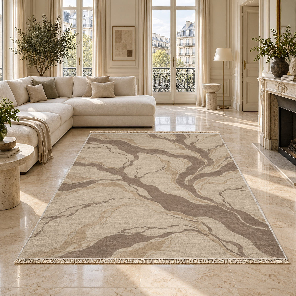 Riverbed Ivory & Taupe washable rug on a marble floor
